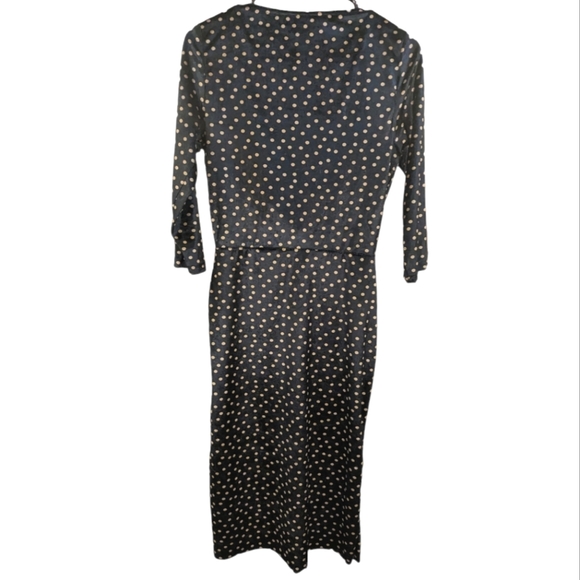 Zara Navy Cream Polka Dot Velvet V-Neck  Faux Wrap Tulip Hem Midi Dress Sz Small - Picture 4 of 7